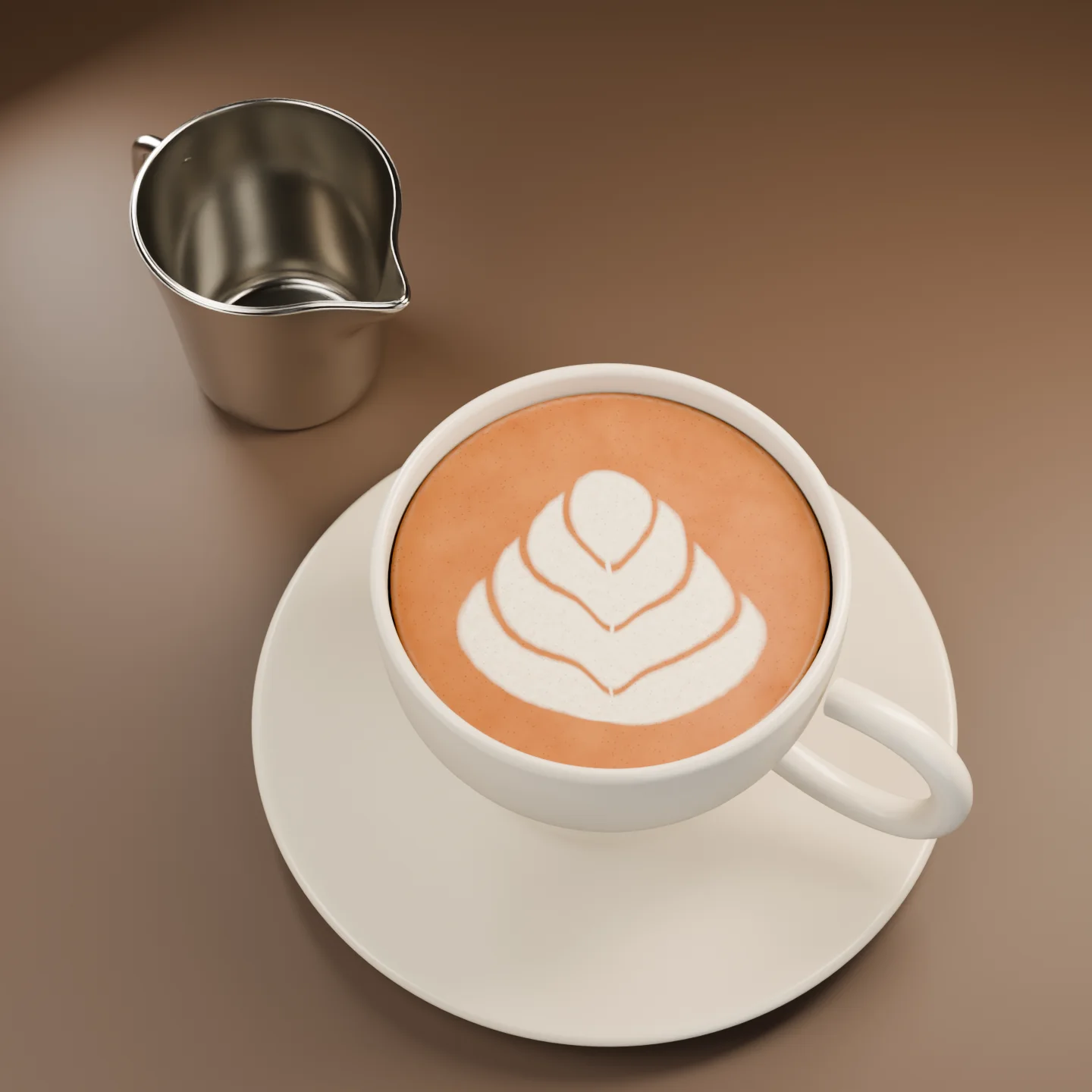 Fertig gegossene Latte-Art-Tulpe in einer Keramiktasse. Das Kännchen steht nach dem Guss daneben.